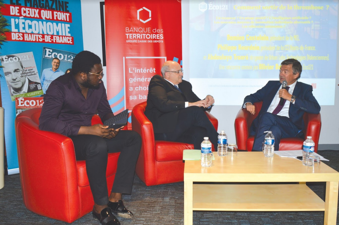 Abdoulaye Traoré, dirigeant d'Urban Labs Technologies (Valenciennes), Damien Castelain, président de la MEL, et Philippe Hourdain, président de la CCI Hauts-de-France.